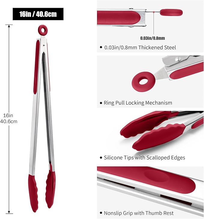 Doosu Kitchen Tongs for Cooking - 600째F Heat Resistant Food Tong with Non-Scratch Silicone Tips, Heavy Duty Stainless Steel Locking Tong for BBQ, Grilling Steak, Serving Salad, Pasta (16in, Red)