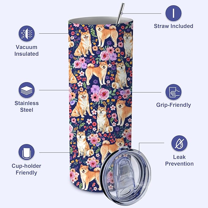 Yogusut Shiba Inu Gifts for Women, 20oz Stainless Steel Insulated Tumbler Travel Mug Cup with Lid Straw Brush, Gifts for Dog Mom Dog Lover