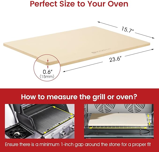 ROCKSHEAT Pizza Stone, Rectangular Extra Large 23.6" x 15.8" x 0.6" Pizza Stones for Oven Grill BBQ, Industrial Commercial Heavy Duty Cordierite Baking Stone for Pizza Bread, Outdoor Pizza Accessories
