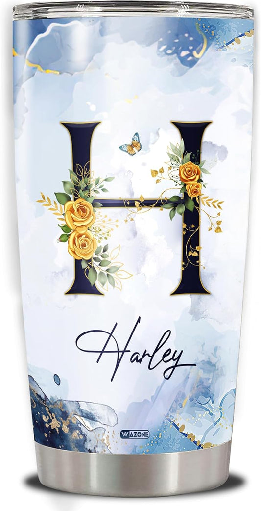 WAZONE Personalized Monogram Tumbler With Lid Custom Initial Name 20oz 30oz Double Wall Vacuum Insulated Cup Stainless Steel Travel Mug Gifts For Her Women Men Mothers Day Birthday Christmas