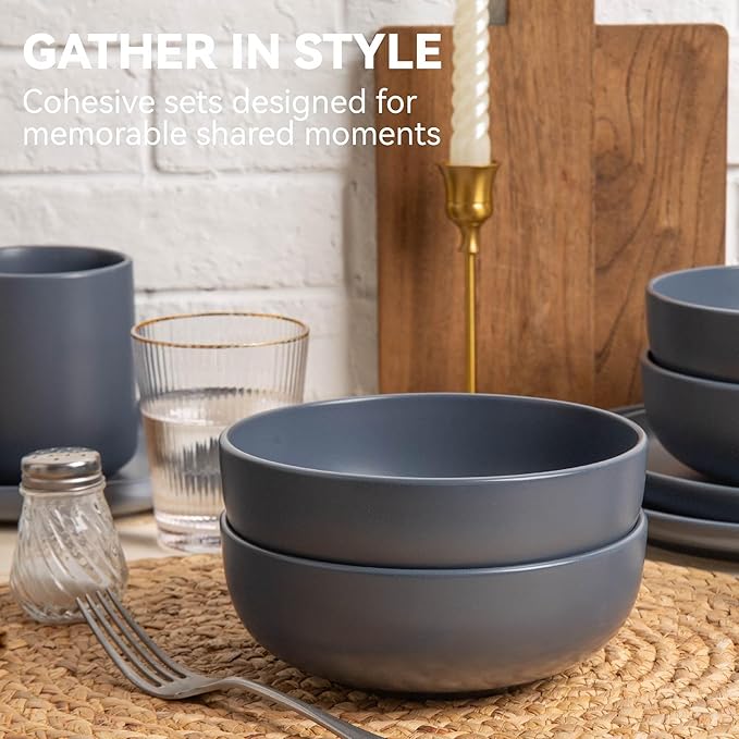 Furrnook 12-Piece Stoneware Dinnerware Set with Mugs | Microwave and Dishwasher Friendly | Stackable Matte Glaze Plates & Bowls | Service for 3 (Blue for 3)