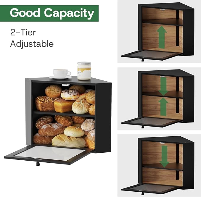 Black Corner Bread Box for Kitchen Countertop - Bamboo Wood, Wavy Acrylic Door, Adjustable 2-Layer Bread Storage Container, Large Bread Holder