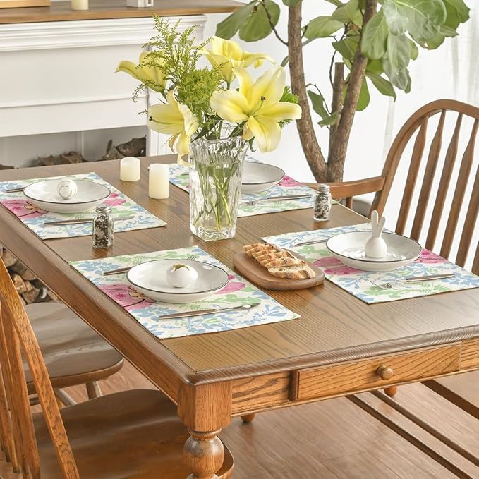 Artoid Mode Pink Bunny Leaves Bow Easter Placemats Set of 4, 12x18 Inch Spring Table Mats for Outdoor Home Party Kitchen Dining Decor