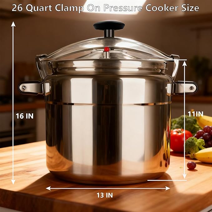 26 Quart Clamp On Pressure Cooker,Heavy-Duty Aluminum Pressure Cooker with Safety Bar Locking Lock, 2 ValvesrFast Cooking,for All Stovetops (Induction Compatible), for Family or Commercial