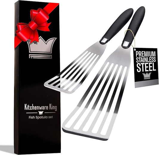Professional Fish Spatula Stainless Steel Set - 1 Large + 1 Small stainless steel spatula - mirror polished spatulas with heat resistant ergonomic handles - fish turner for Flipping, Frying & Grilling