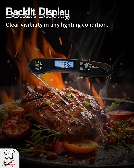 Digital Food Thermometer with Fast 1-Second Reading, 짹1째F Accuracy, -58째F to 572째F Range | Foldable Probe, Magnetic Back, Backlit LCD, Auto-Off for Grilling, Baking, Smoking