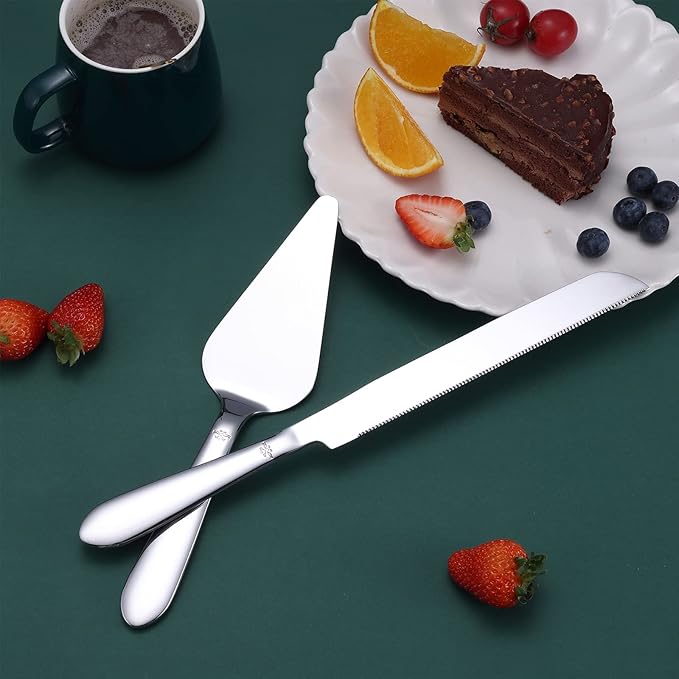 Cake Cutting Set for Wedding, Elegant Cake Knife and Server Set with Thickened Stainless Steel Rounded Edges, Cake Cutter and Pie Spatula for Birthday Anniversary, 2 Pcs, Silver