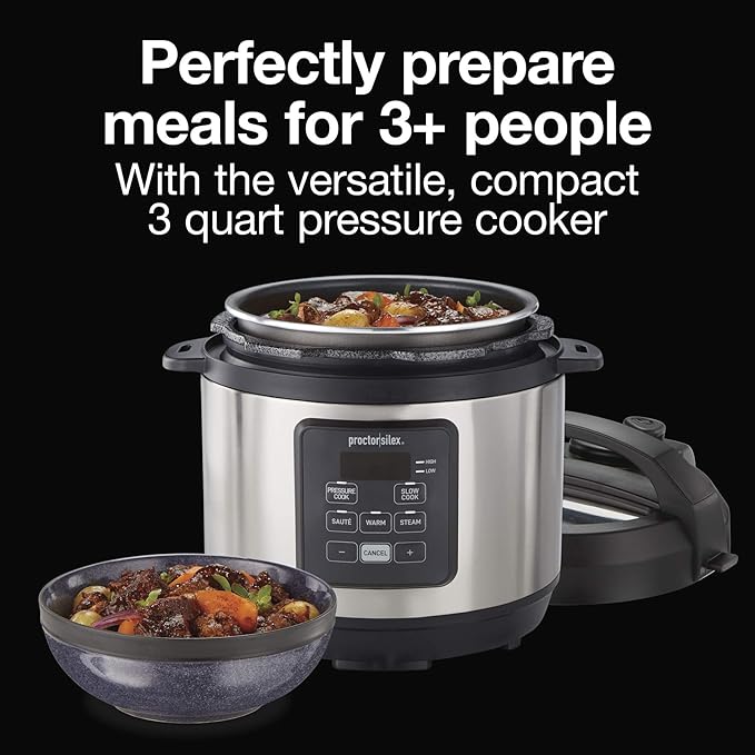 Proctor Silex Proctor-Silex Simplicity 4-in-1 Electric Pressure Cooker, 3 Quart Multi-Function With Slow Cook, Steam, Saut챕, Rice, Stainless Steel (34503)
