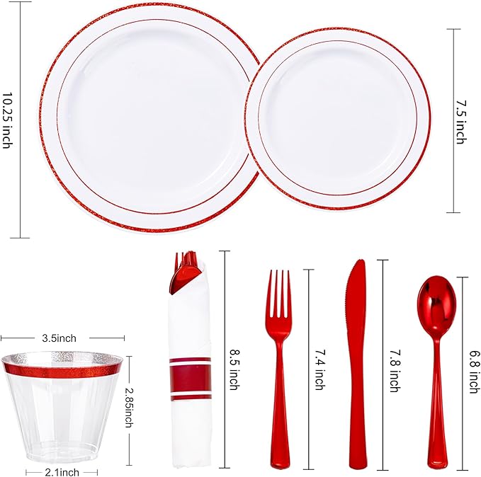 WELLIFE 350-Piece Red Plastic Party Dishware Set - 50 Dinner Plates, 50 Dessert Plates, 50 Cups, 50 Plastic Cutlery