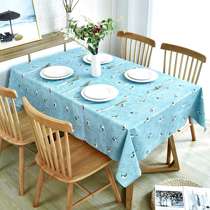 LOHASCASA Rectangular Vinyl Tablecloth Oil Cloth Plastic Peva Wipable Spill-Proof Heavy Duty Tablecloths Dining Teal Bird 54 x 78 Inch