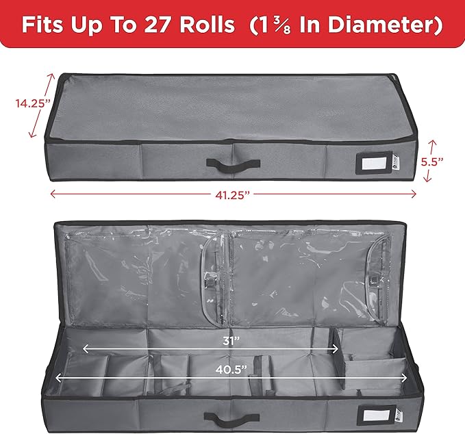 HOLDN??STORAGE Premium Wrapping Paper Storage Container - Durable 600D Tear-Proof, Fits 27 Rolls Gift Wrap, Extra Pockets for Ribbons & Bows, Underbed Storage - Ideal for Holiday Christmas, Gray