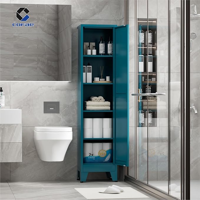 COFaR 67'' Tall Slim Bathroom Storage Cabinet, Metal Narrow Bathroom Cabinet with 4 Adjustable Shelves and One Door, Skinny Cabinet Storage for Kitchen Laundry, Peacock Blue Farmhouse 5 Tiers