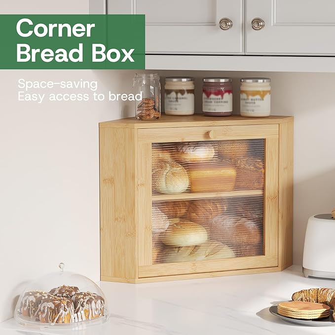 Bamboo Corner Bread Box for Kitchen Countertop - Wavy Acrylic Door, Adjustable 2-Layer Bread Storage Container, Large Bread Holder