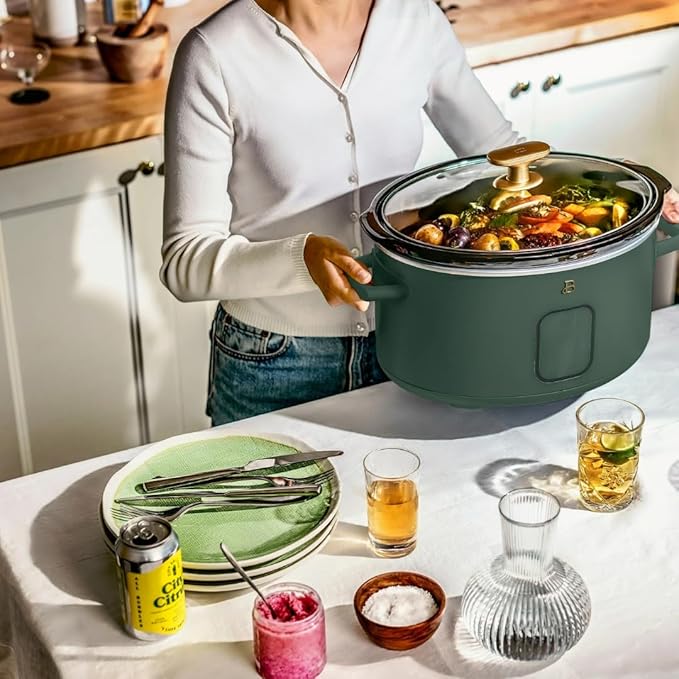Beautiful 6 Quart Programmable Slow Cooker by Drew Barrymore ??Large Capacity, Ceramic Removable Pot, Tempered Glass Lid, Dishwasher Safe, Auto Keep Warm (Thyme Green)