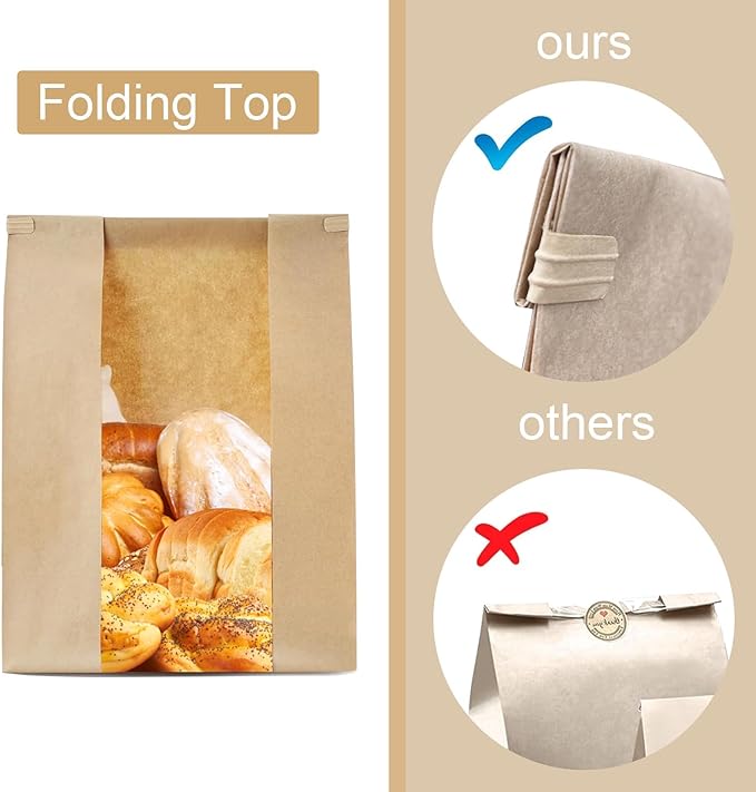 100 Pack Reusable Bread Bags with Tin Strip, Large Bakery Bags with Window, Beige, Kraft Paper with Polyethylene interior, Twist Tie Closure, Ideal for Homemade Bread, Sourdough, and More