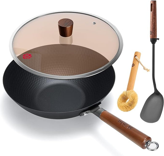 WANGYUANJI 12.6 Inch Carbon Steel Wok with Lid, Flat Bottom Uncoated Lightweight Wok Pan with Wooden Handle for Stir-Fry, Gas, Electric and Induction