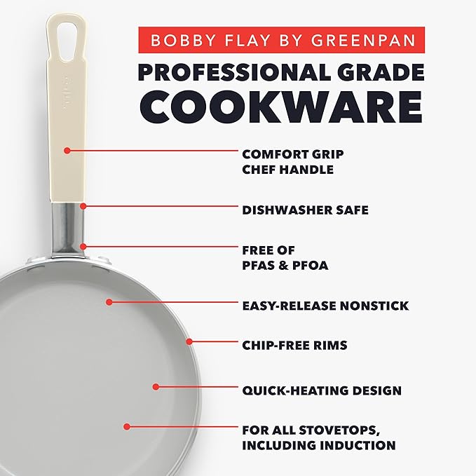 GreenPan x Bobby Flay 2 Piece- 8??and 10??Nonstick Frying Pan Skillet Set, PFAS-Free Diamond Ceramic, Induction Suitable, Stay-Cool Silicone Handle, Easy Clean Dishwasher & Oven Safe, Cream