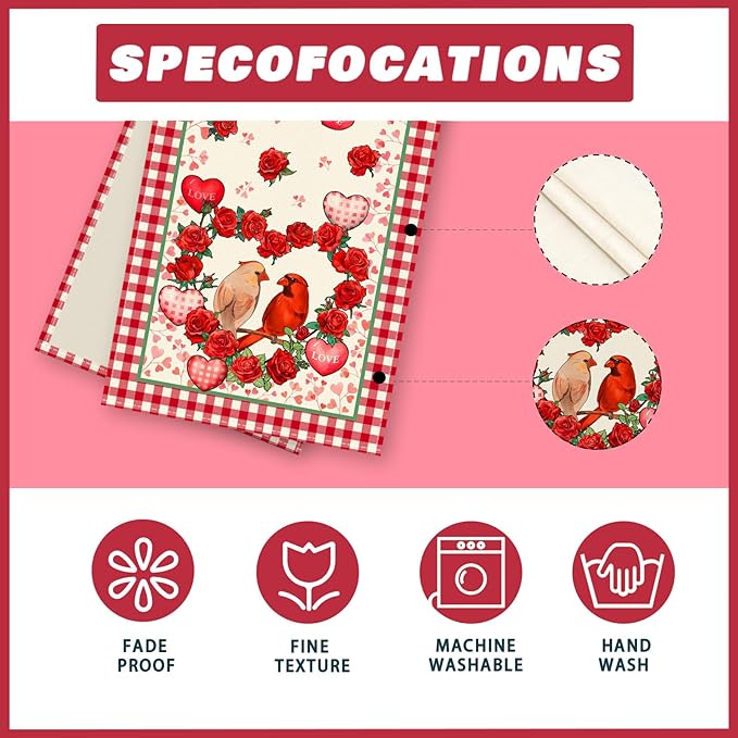 XCHI Plaid Roses Flowers Love Hearts Cardinal Valentine's Day Table Runner Table Decoration for Party Home Kitchen Dining Holiday Decor 13x48 Inch