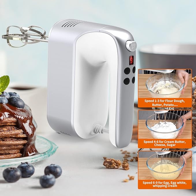 9-Speed Digital Hand Mixer Electric, 400W Powerful DC Motor, Baking Handheld with Snap-On Storage Case, 5 Stainless Steel Accessories, Flat Beaters, Dough Hooks, Whisk(Silvery White)