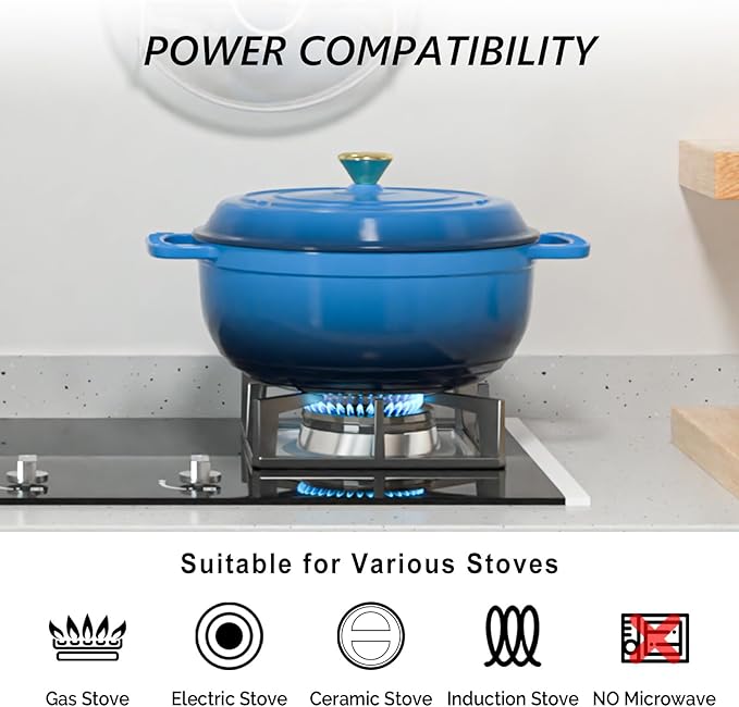 VINGLI 6QT Enameled Cast Iron Round Dutch Oven Pot with Lid, NonStick Casserole Pot with Dual Handles & Silicone GlovesRed, Oven Safe up to 500째F or on Stovetop, Dutch Oven for Bread Baking, Blue