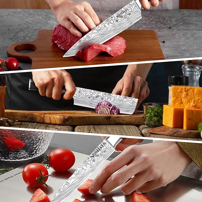 MOSFiATA 5 PCS Chef Knife Set, German High Carbon Stainless Steel Kitchen Knife Set with Sharpener Rod竊?PCS Blade Guard,Wood Handle Knives Set for Kitchen with Gift Box