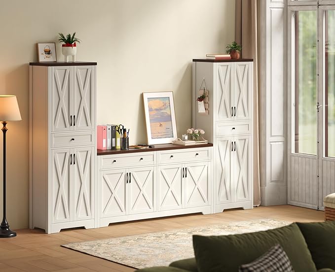 Lyromix 3 Pieces Sideboard and Pantry Set with Storage, Brown Farmhouse Wall Unit Entertainment Center, Large Kitchen Sideboard Buffet Pantry Cabinet with Drawers
