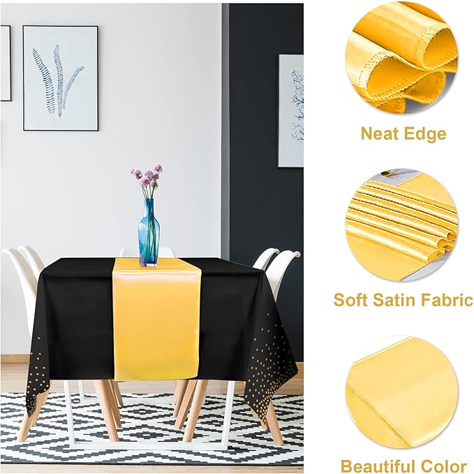 16Pack Disposable Plastic Tablecloths and Satin Table Runner Set Black Gold Dot Table Cloth Gold for Graduation Wedding Birthday Baby Shower Anniversary Holiday Party Decorations