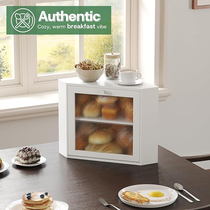 Corner Bread Box for Kitchen Countertop - Bamboo Wood, Wavy Acrylic Door, White Adjustable 2-Layer Bread Storage Container, Large Bread Holder