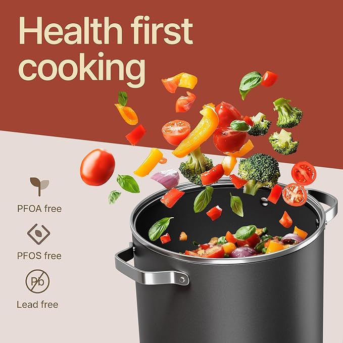 Bakken 12.5 Quart Ceramic Coated Stock Pot with Lid, Easy Clean Nonstick Pot, Tempered Glass Lid, Riveted Stainless Steel Handles, Oven Safe Up To 500째F, PTFE & PFAS Free, All Stove Compatible, Black
