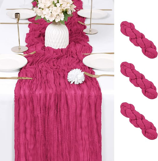 RealBox 3 Pack Hot Pink Cheesecloth Table Runner 17x108 Inch Semi Sheer Boho Gauze Cheese Cloth Fabric Table Runners Table Decor for Wedding Party Baby Shower Birthday Home Decor Garden Farmhouse