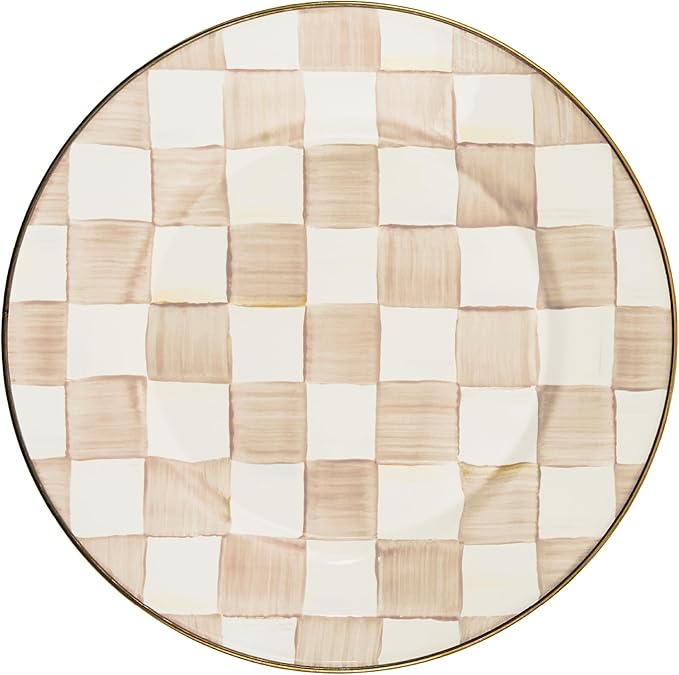 MACKENZIE-CHILDS Enamel Dinner Plate, Decorative Dinnerware Plate, 10 Inches, Brown-and-White Mocha Check