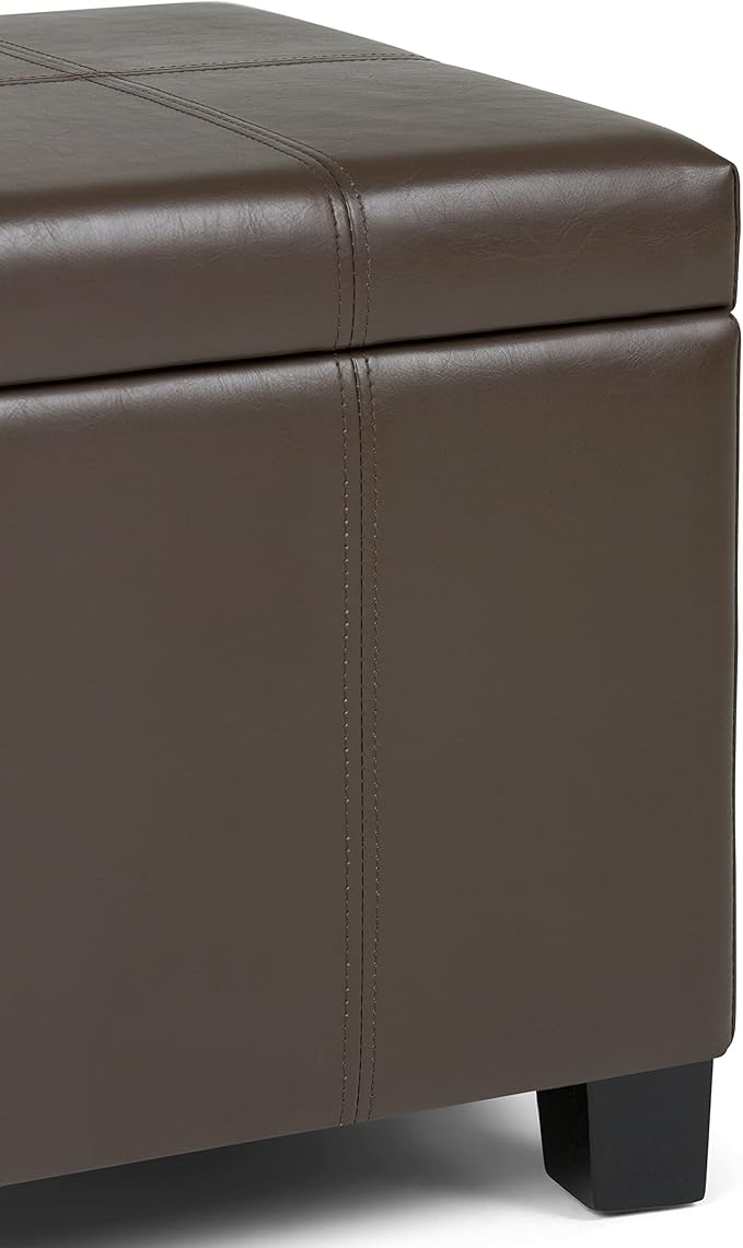 SIMPLIHOME Dover Storage Ottoman Bench - 36 inch Wide Upholstered Vegan Leather Rectangular Lift-Top Ottoman in Chocolate Brown, Contemporary Bench for Living Room with Safety Hinges