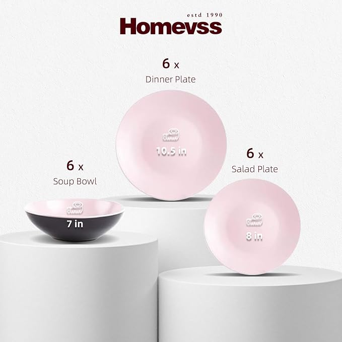 Stoneware Two-Tone Colors Life 18pc Dinner Set竊똎utside Shiny Black + Inside Matte Glaze Rose