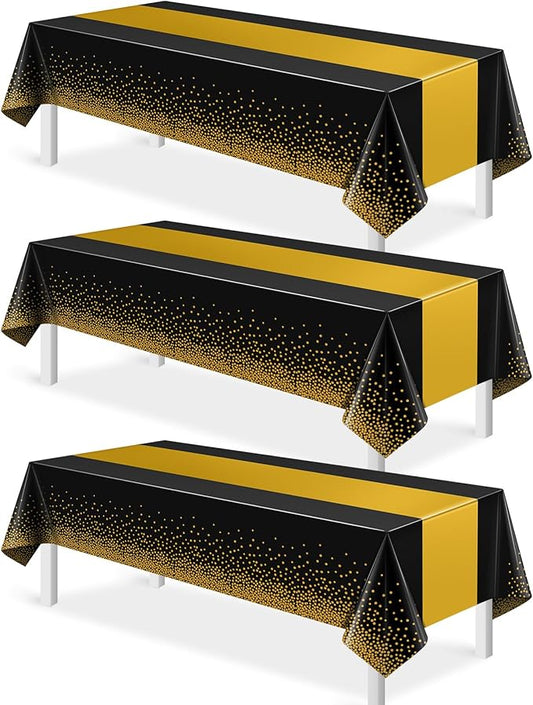 3Pcs Black and Gold Tablecloth Party Decorations,Plastic Black Table Cloth Printed Gold Table Runner Disposable Rectangle Tables Cover for Birthday Retirement Anniversary Graduation Party,54 x108 Inch