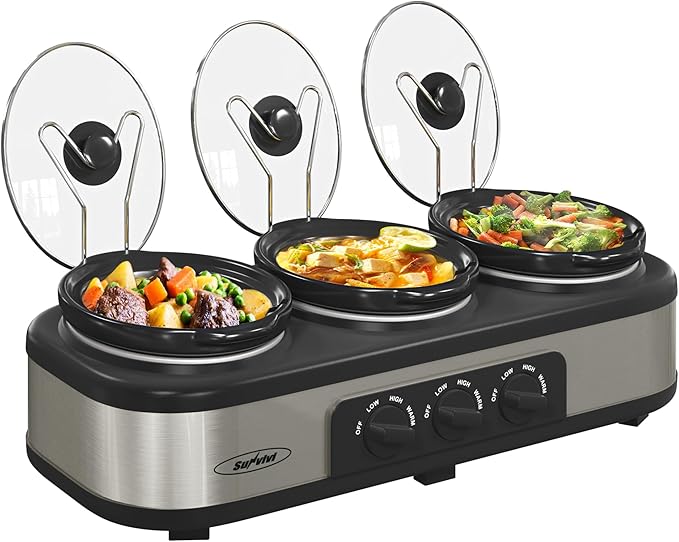 Sunvivi Triple Slow Cooker, Buffet Server & Warmer with 3 Removable Ceramic Pots, 3 Adjustable Temp Settings & 3 Metal Lid Rests, Stainless Steel, 3 * 1.5 Quarts Silver