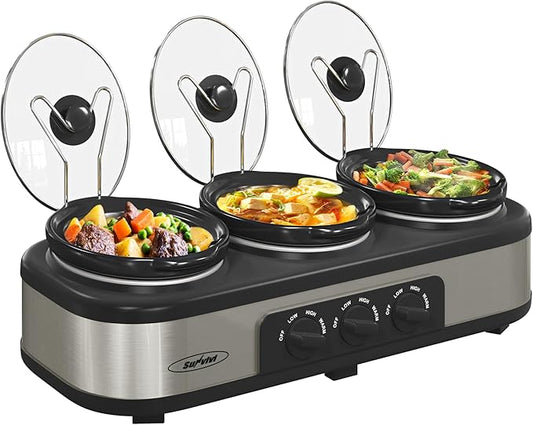 Sunvivi Triple Slow Cooker, Buffet Server & Warmer with 3 Removable Ceramic Pots, 3 Adjustable Temp Settings & 3 Metal Lid Rests, Stainless Steel, 3 * 1.5 Quarts Silver