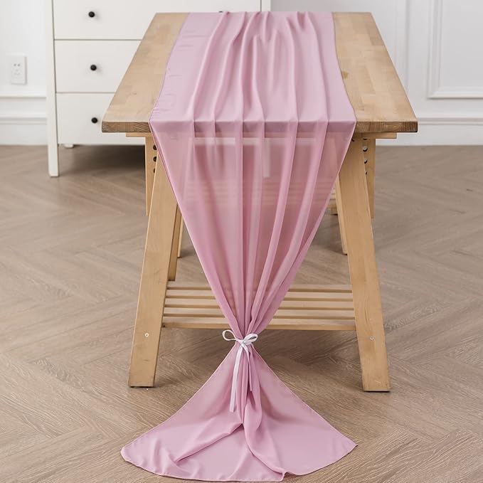 flohar 1Pack 9ft Chiffon Table Runner 14x108 Inch Sheer Romantic Table Runner for Wedding Birthday Party Bridal Shower Outdoor Decoration-Dusty Pink