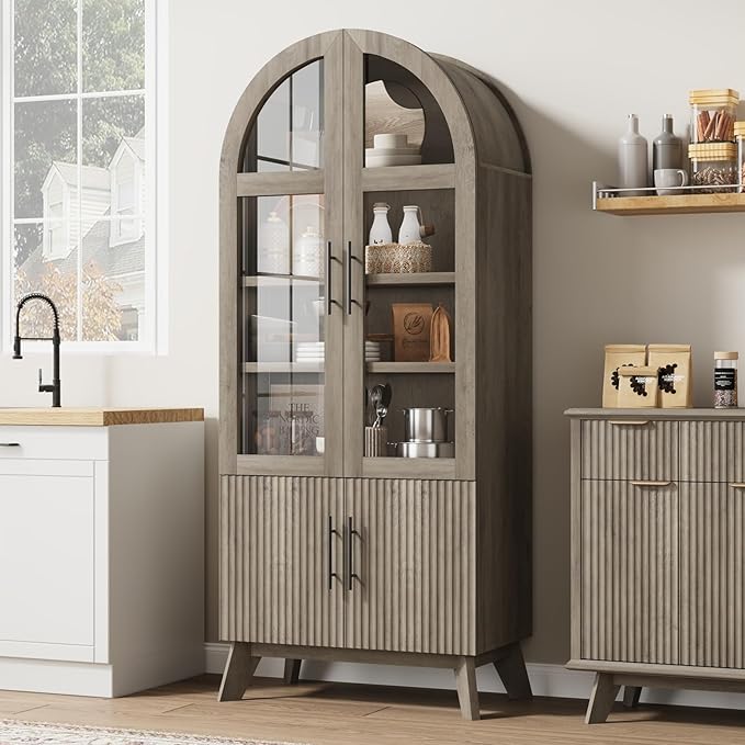 QUW 71" Tall Arched Kitchen Pantry Cabinet, Modern Fluted Display Cabinet with Glass Door & Adjustable Shelves, Storage Cabinet for Kitchen, Living Room, Dining Room, Bathroom, Grey