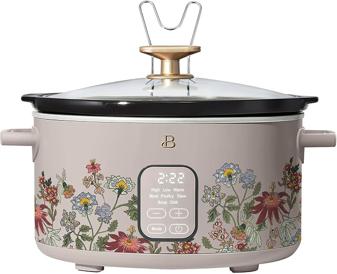 Beautiful 6 Quart Programmable Slow Cooker, 5 Cooking Presets, Digital Countdown Timer, Dishwasher Safe Parts by Drew Barrymore (Wildflower Porcini Taupe)