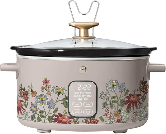 Beautiful 6 Quart Programmable Slow Cooker, 5 Cooking Presets, Digital Countdown Timer, Dishwasher Safe Parts by Drew Barrymore (Wildflower Porcini Taupe)