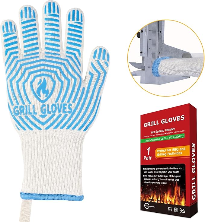 QUWIN BBQ Gloves, Oven Gloves 1472??Extreme Heat Resistant, Grilling Gloves Silicone Non-Slip Oven Mitts, Kitchen Gloves for BBQ, Grilling, Cooking, Baking-1 Pair??(Blue, One Size(Long Cuff))
