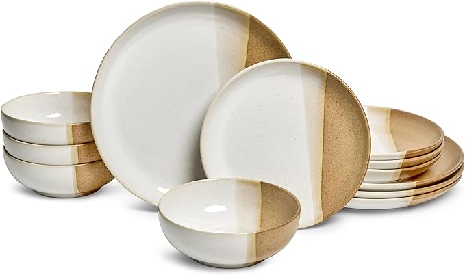 Sango Phoebe 12-Piece Multicolor Stoneware Dinnerware Set ??Service for 4, Plate & Bowl Set, Caramel Stoneware with a Rustic White Glaze, for Daily Dining & Entertainment, Microwave & Dishwasher Safe