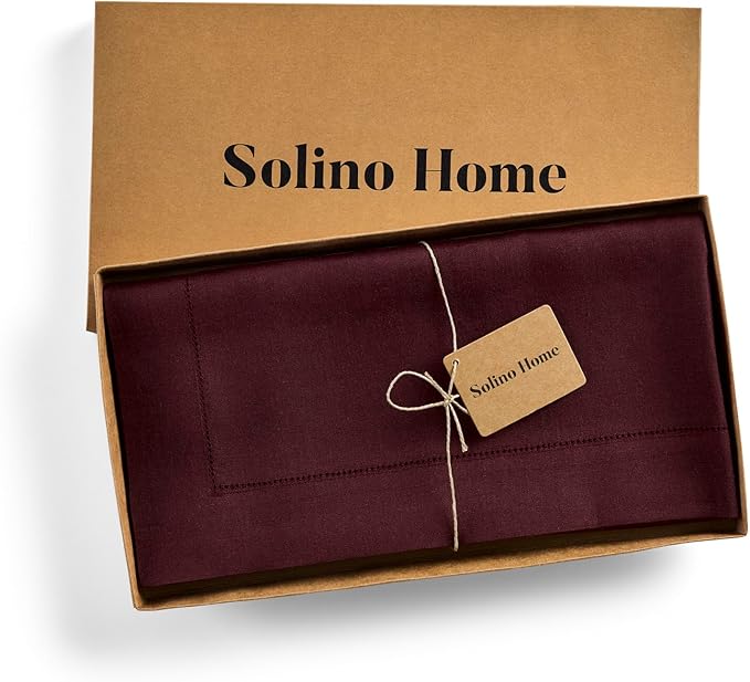 Solino Home Linen Square Tablecloth 52 x 52 Inch - 100% Pure Linen Burgundy Table Throw - Classic Hemstitch, Machine Washable Table Cloth for Winter, Valentines