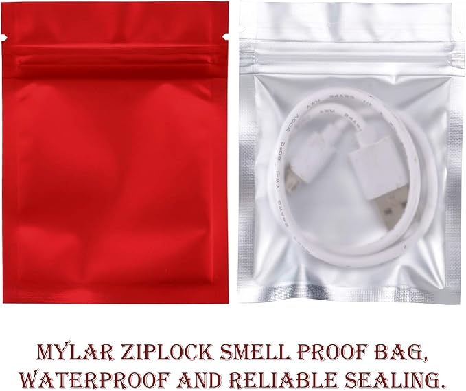 Blulu 100 Pieces Resealable Foil Proof Bags Scent Proof Flat Pouch Clear Smell Sealable Packing Bags Iridescent for Food Storage Snack Jewelry(3 x 4 Inch,Red)