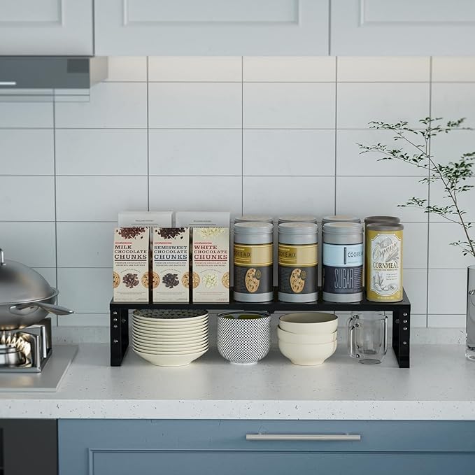 Expandable Spice Rack Organizion for Kitchen Cabinet, Seasoning,Bathroom Organizer Display Shelf, Stackable Multi-Purpose Shelves.Easy-to-Install竊?Packs/Black,Large