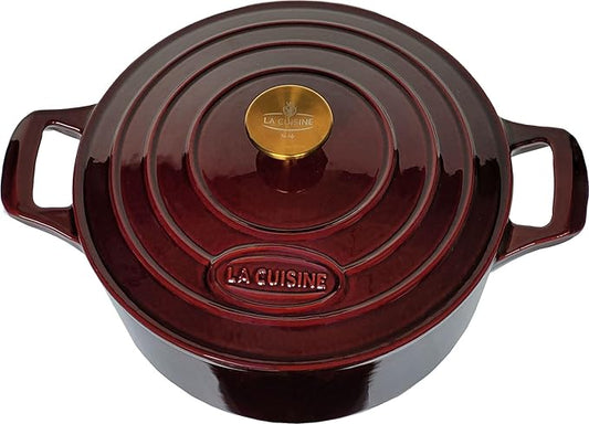 La Cuisine Enameled Cast Iron Dutch Oven Casserole Pot with Lid 6.5 QT 11" /28cm Dia. Internal Matte Black Enamel Coating Gold-Plated SS Lid Handle Oven Safe up to 500째 F for bread baking, Cranberry