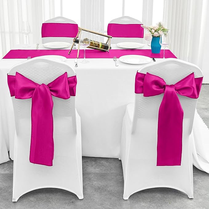 4-Pack Hot Pink Satin Table Runner 12 x 108 Inch Long Fuchsia Bright and Smooth Silk Fabric Table Runner for Wedding Banquet Birthday Party Decoration
