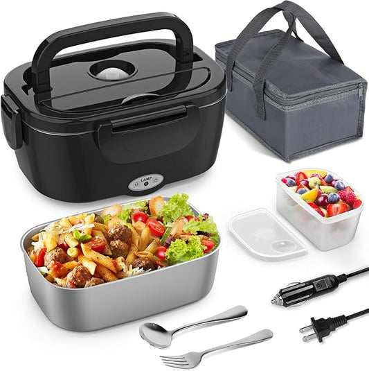 Vingud Electric Lunch Box for Adults, Heated Lunch Box Food Warmer, 80W Portable Heating Lunchbox for Men/Car/Truck with 1.5L Stainless Steel Container, 12V/24V/110V Lonchera El챕ctrica Port찼til Gift