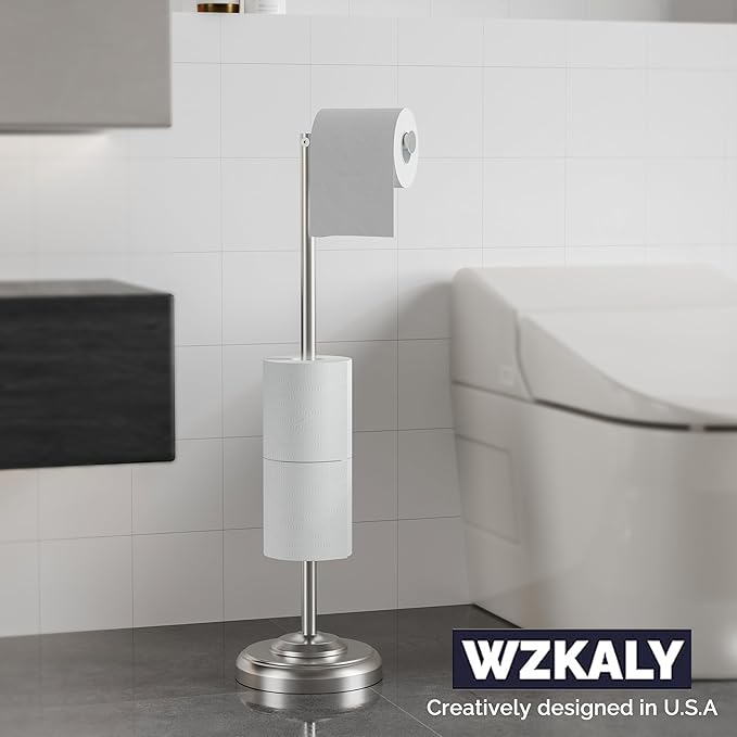 Toilet Paper Holder Stand with Storage ??4 Extra Rolls ?밄rushed Nickel Toilet Paper Holder for Bathroom ??Sturdy Base, Classic Retro Style, Space-Saving Bathroom Storage Organizer, Sliver