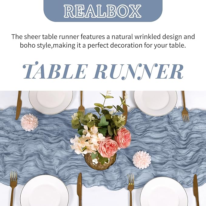 RealBox 6 Pack Dusty Blue Cheesecloth Table Runner 17x108 Inch Semi Sheer Boho Gauze Cheese Cloth Fabric Table Runners Table Decor for Wedding Party Baby Shower Birthday Home Decor Garden Farmhouse